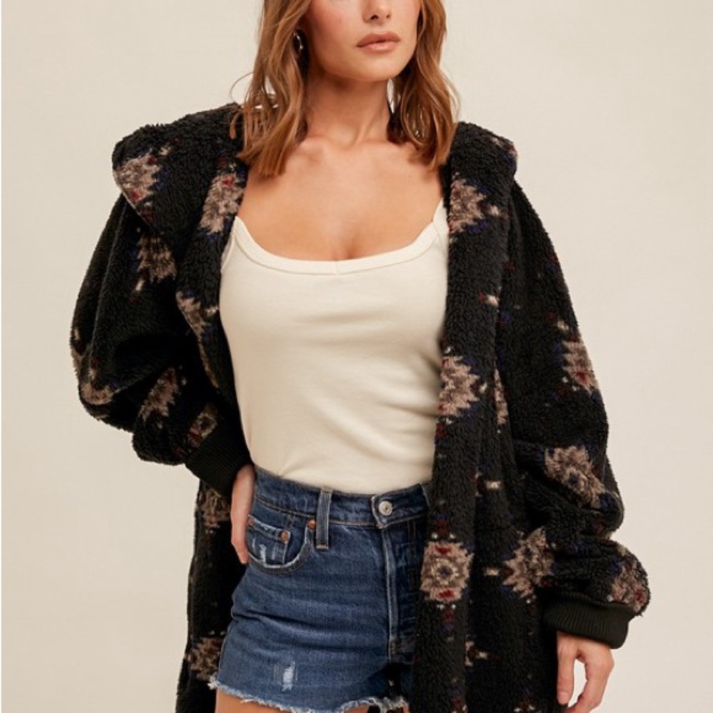 452. LAST 1! AZTEC PLUSH SOFT HOODIE Teddy Jacket Black Fleece Boho bohemian - Picture 4 of 6